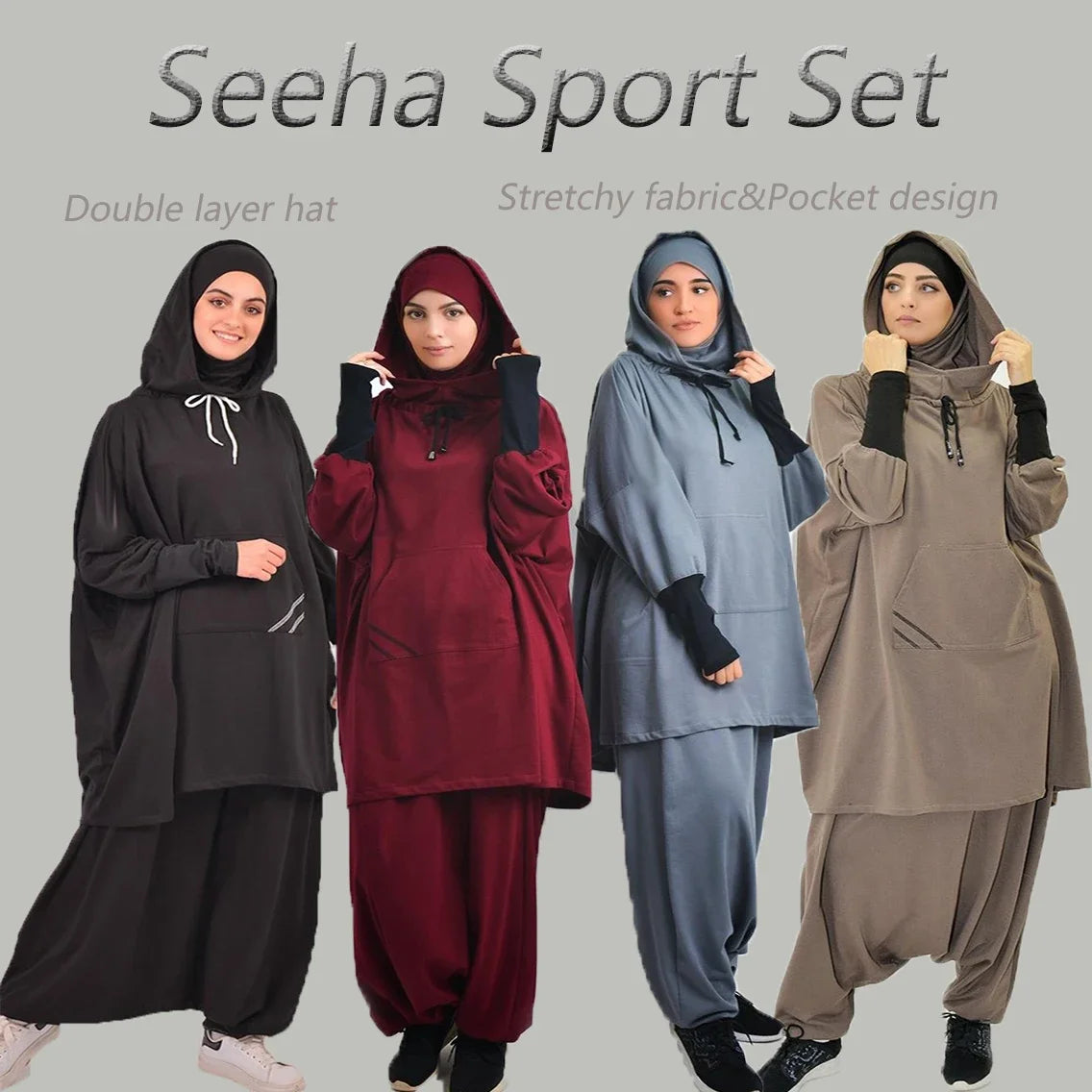 Women'S Hooded Sports Suit Muslim Hijab Dress Eid Prayer Wear Jilbab Abaya Long Khimar Full Cover Soft Stretch Large Robe