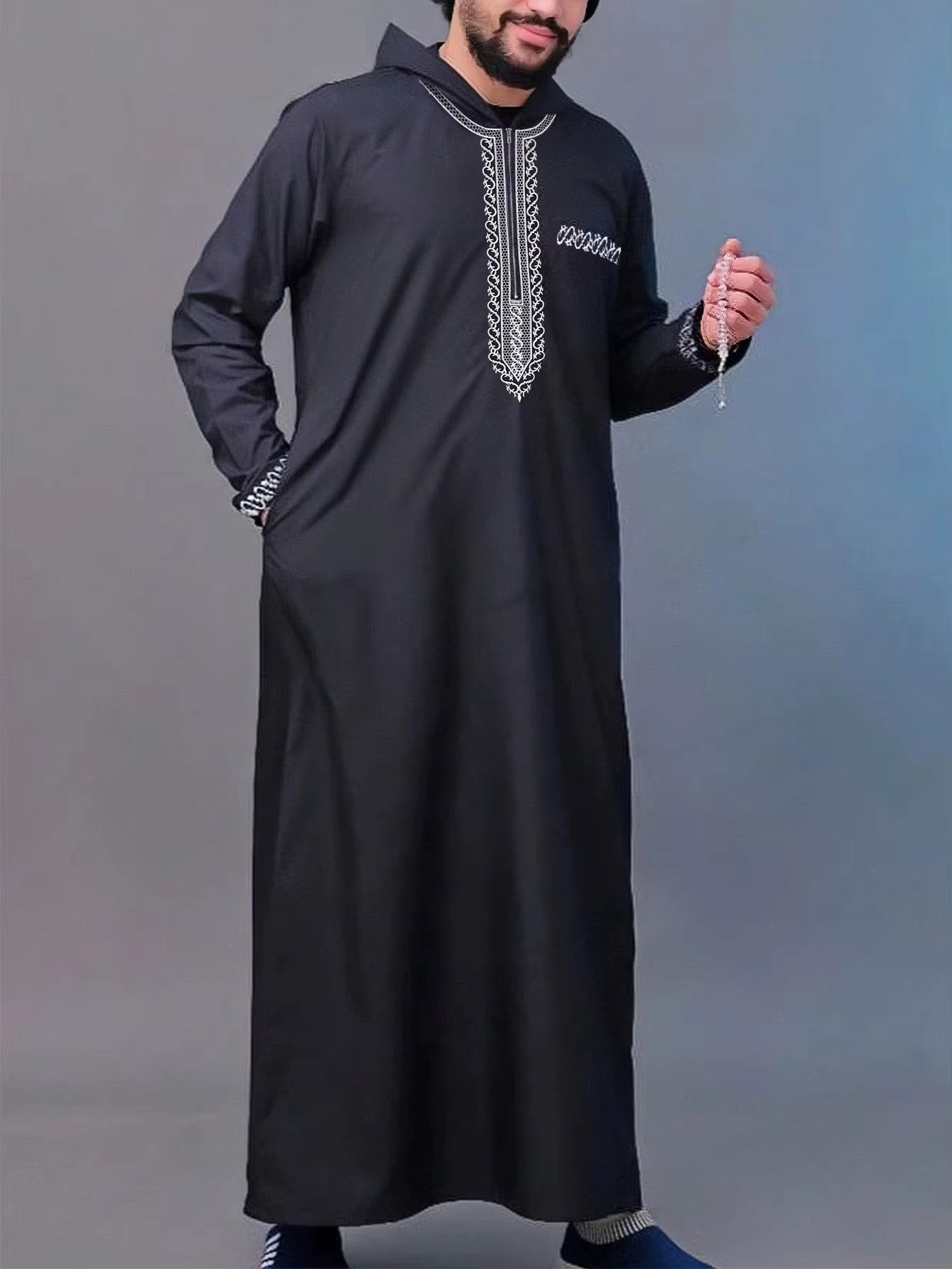 Muslim Men'S Hooded Robe Fashionable Luxury Retro Ethnic Style Embroidered Men'S Robe Simple Casual Daily Worship Robe