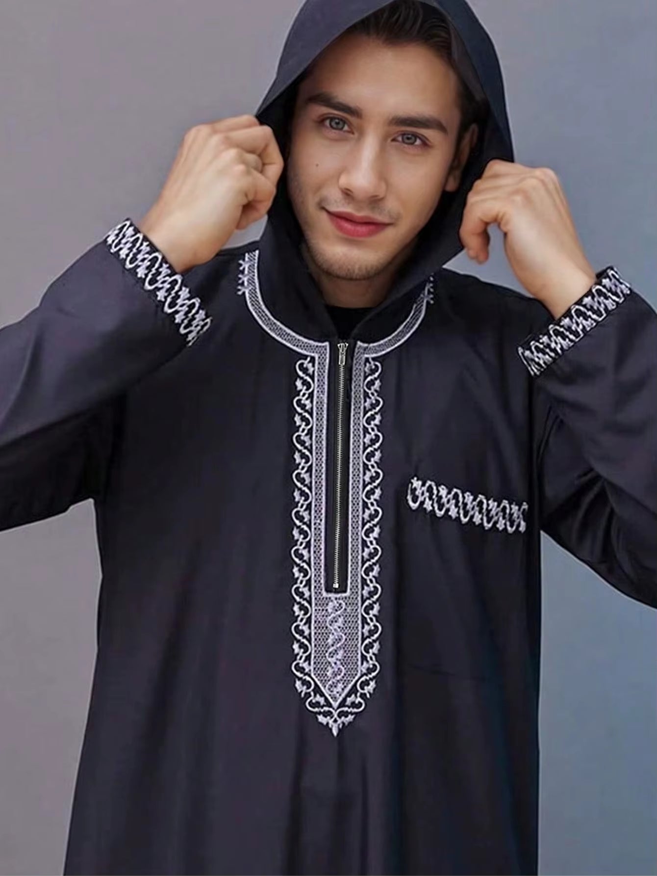 Muslim Men'S Hooded Robe Fashionable Luxury Retro Ethnic Style Embroidered Men'S Robe Simple Casual Daily Worship Robe