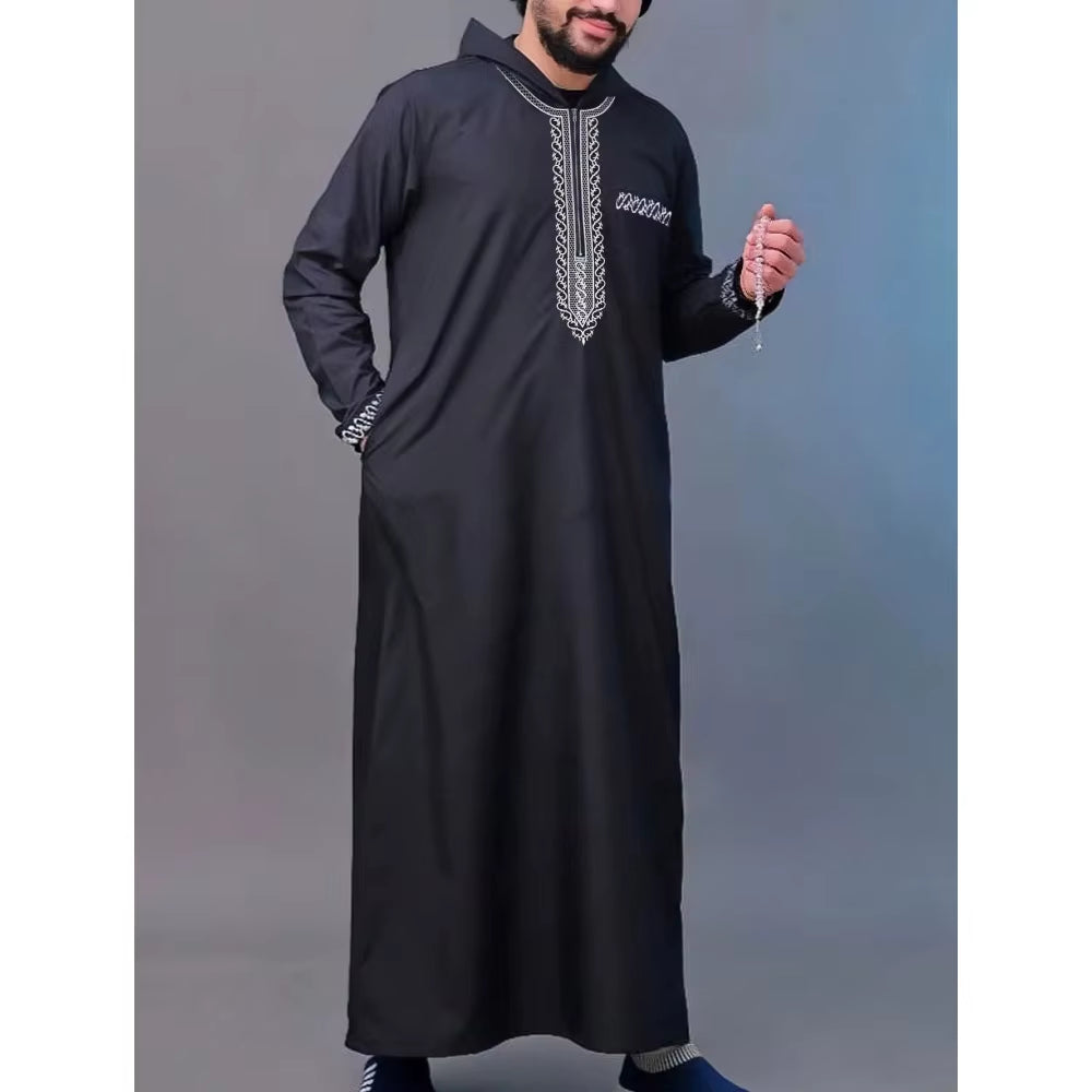 Muslim Men'S Hooded Robe Fashionable Luxury Retro Ethnic Style Embroidered Men'S Robe Simple Casual Daily Worship Robe